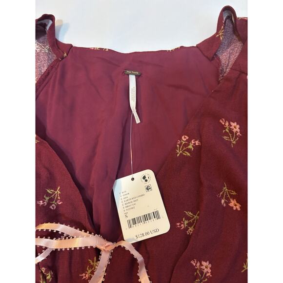 Free People Mini Dress S Burgundy Floral | NWT | Cottagecore Peasant Dress - Picture 4 of 6